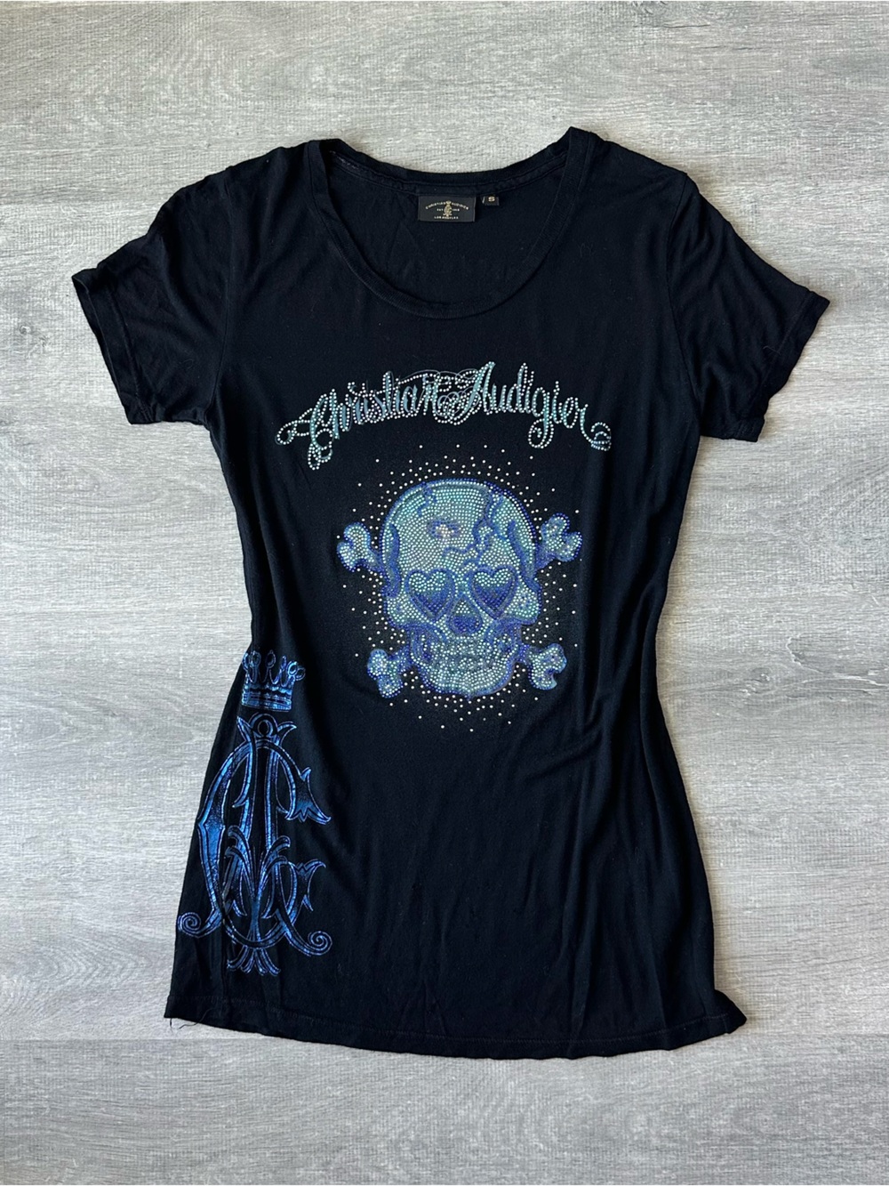 Christian Audigier Black Tee with Blue Rhinestone Skull Y2K USA